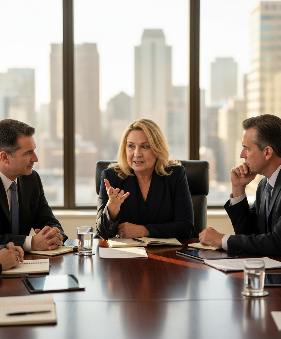 Karen Root in lively boardroom discussion